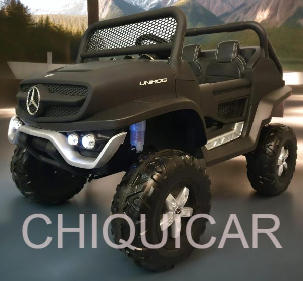 Coche eléctrico para niños Mercedes Unimog para 2 personas con tracción a las 4 ruedas negro mate