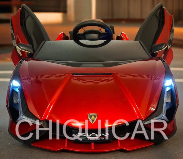 Batería coche infantil Lamborghini Sian 12 voltios con RC metalizado rojo ruedas de goma y silla en piel - Imagen 6