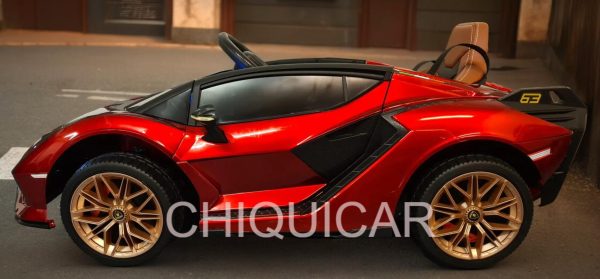 Batería coche infantil Lamborghini Sian 12 voltios con RC metalizado rojo ruedas de goma y silla en piel - Imagen 9