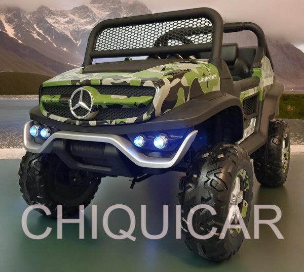 Coche eléctrico infantil Mercedes Unimog camuflaje 4×4 2 personas